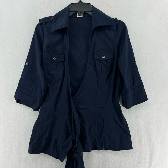 Diane Von Furstenberg Blazer Women's Sz 4 Navy Blue Tie Wrap Roll Tab 3/4 Sleeve - Picture 1 of 11